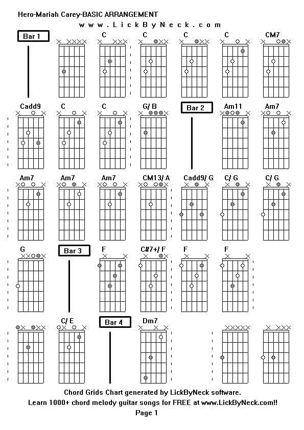 Chord Grids Chart of chord melody fingerstyle guitar song-Hero-Mariah Carey-BASIC ARRANGEMENT,generated by LickByNeck software.